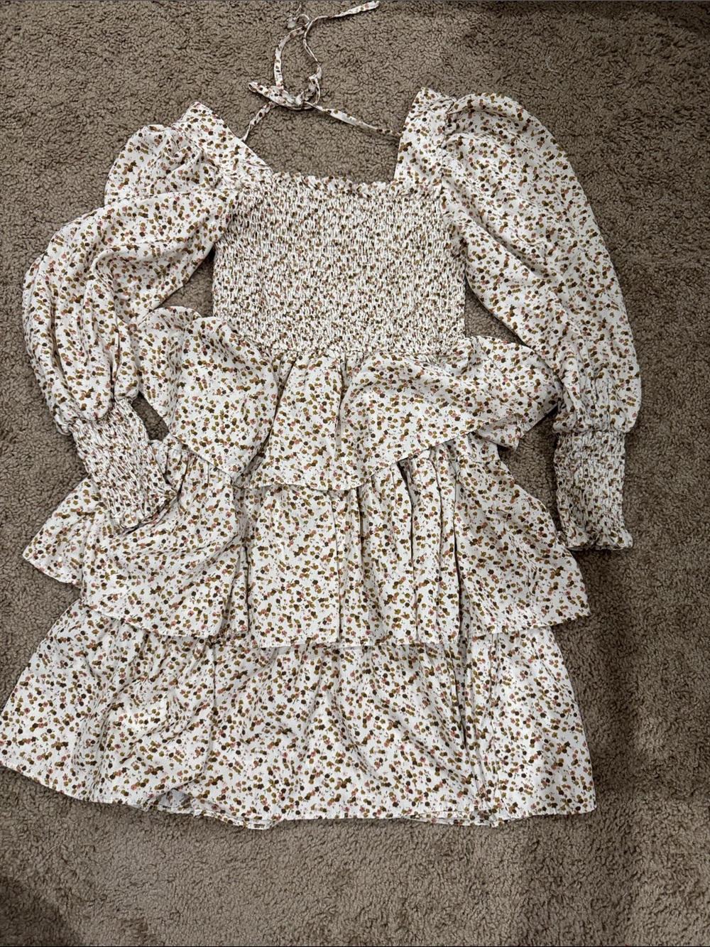 Source Unknown Cream Floral Smocked Ruffle Dress